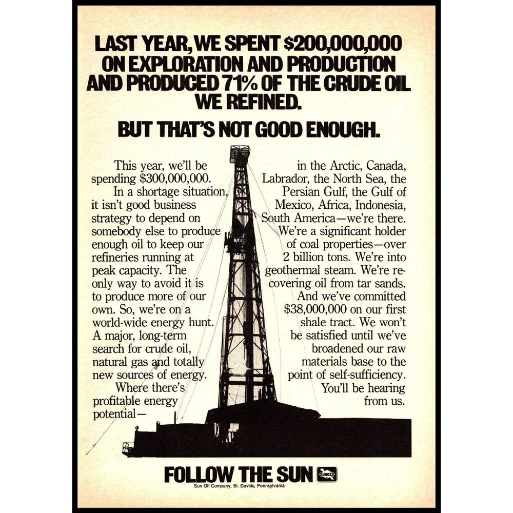 1974 Sun Oil Well Drilling Rig Vintage Print Ad Sunoco Follow the Sun Wall Art